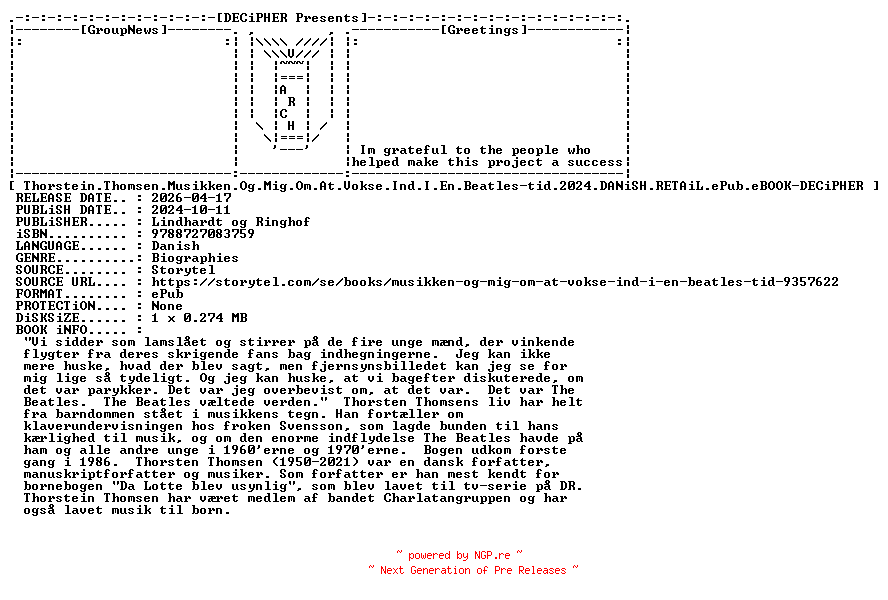 NFO for the release Thorstein.Thomsen.Musikken.Og.Mig.Om.At.Vokse.Ind.I.En.Beatles-tid.2024.DANiSH.RETAiL.ePub.eBOOK-DECiPHER by DECiPHER