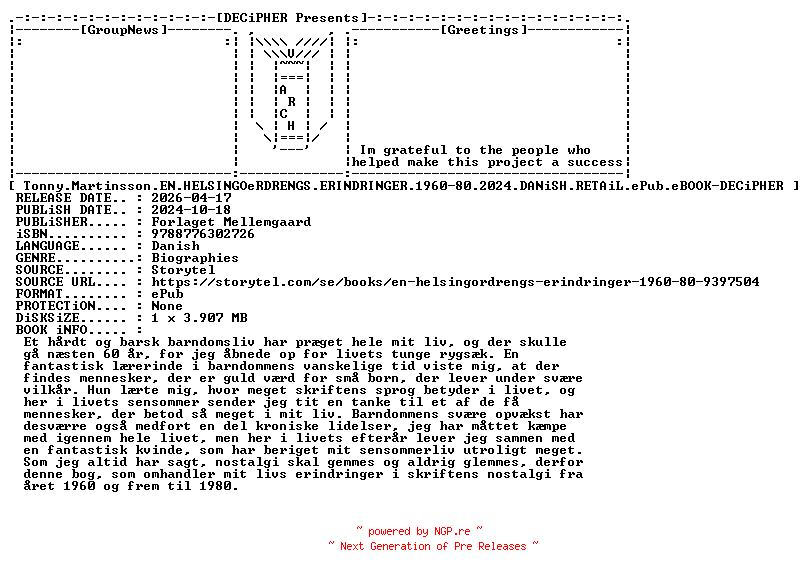 NFO for the release Tonny.Martinsson.En.Helsingoerdrengs.Erindringer.1960-80.2024.DANiSH.RETAiL.ePub.eBOOK-DECiPHER by DECiPHER