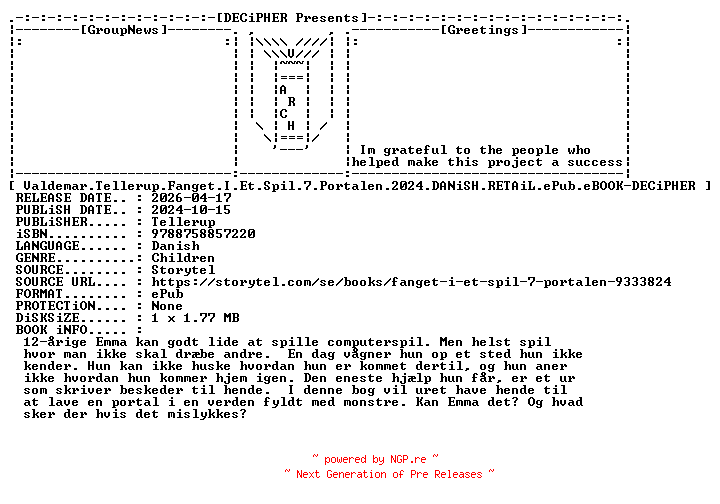 NFO for the release Valdemar.Tellerup.Fanget.I.Et.Spil.7.Portalen.2024.DANiSH.RETAiL.ePub.eBOOK-DECiPHER by DECiPHER