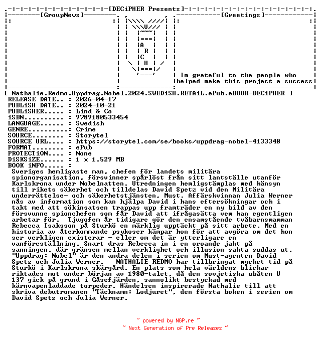 NFO for the release Nathalie.Redmo.Uppdrag.Nobel.2024.SWEDiSH.RETAiL.ePub.eBOOK-DECiPHER by DECiPHER