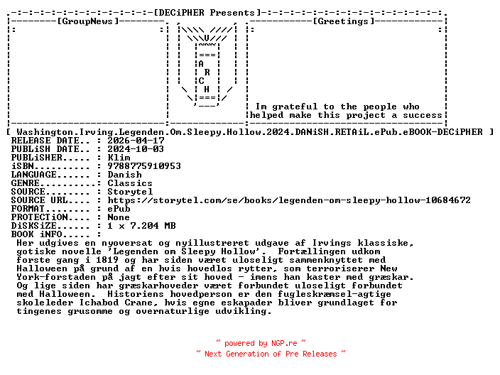 NFO for the release Washington.Irving.Legenden.Om.Sleepy.Hollow.2024.DANiSH.RETAiL.ePub.eBOOK-DECiPHER by DECiPHER
