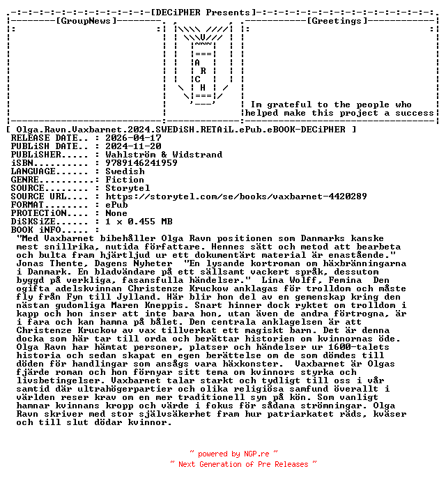 NFO for the release Olga.Ravn.Vaxbarnet.2024.SWEDiSH.RETAiL.ePub.eBOOK-DECiPHER by DECiPHER