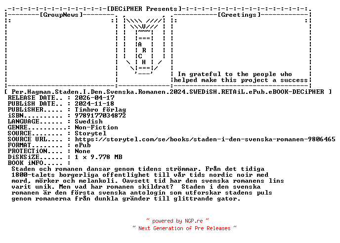 NFO for the release Per.Hagman.Staden.I.Den.Svenska.Romanen.2024.SWEDiSH.RETAiL.ePub.eBOOK-DECiPHER by DECiPHER