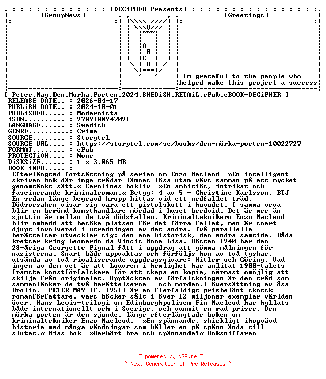 NFO for the release Peter.May.Den.Morka.Porten.2024.SWEDiSH.RETAiL.ePub.eBOOK-DECiPHER by DECiPHER