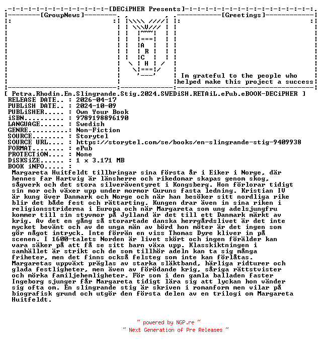NFO for the release Petra.Rhodin.En.Slingrande.Stig.2024.SWEDiSH.RETAiL.ePub.eBOOK-DECiPHER by DECiPHER