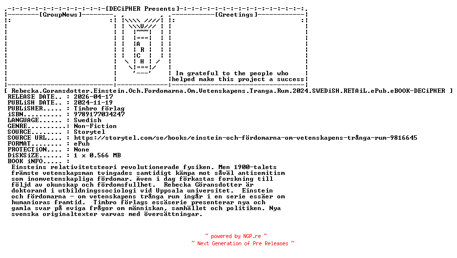 NFO for the release Rebecka.Goransdotter.Einstein.Och.Fordomarna.Om.Vetenskapens.Tranga.Rum.2024.SWEDiSH.RETAiL.ePub.eBOOK-DECiPHER by DECiPHER