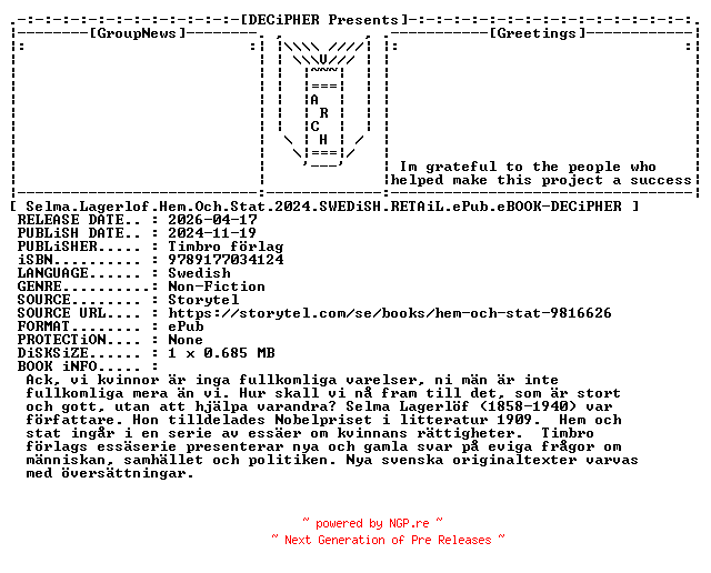 NFO for the release Selma.Lagerlof.Hem.Och.Stat.2024.SWEDiSH.RETAiL.ePub.eBOOK-DECiPHER by DECiPHER