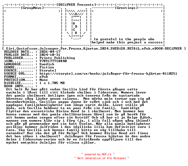 NFO for the release Siri.Gustafsson.Julsanger.For.Frusna.Hjartan.2024.SWEDiSH.RETAiL.ePub.eBOOK-DECiPHER by DECiPHER