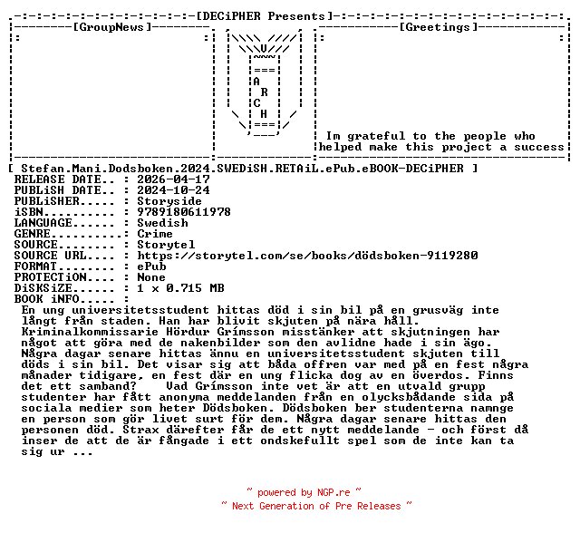 NFO for the release Stefan.Mani.Dodsboken.2024.SWEDiSH.RETAiL.ePub.eBOOK-DECiPHER by DECiPHER