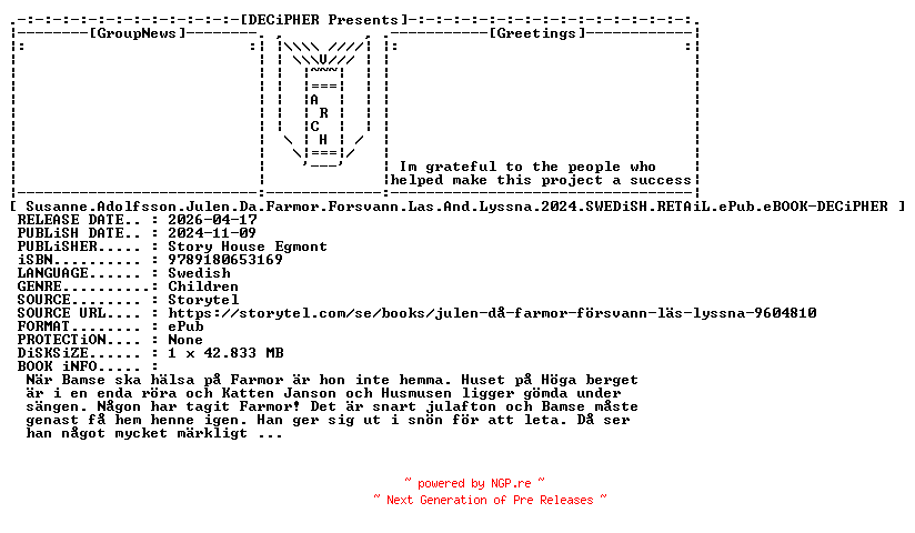 NFO for the release Susanne.Adolfsson.Julen.Da.Farmor.Forsvann.Las.And.Lyssna.2024.SWEDiSH.RETAiL.ePub.eBOOK-DECiPHER by DECiPHER