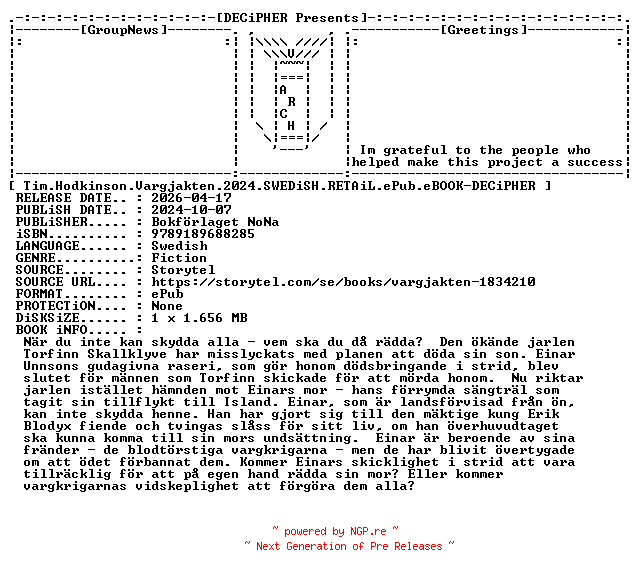 NFO for the release Tim.Hodkinson.Vargjakten.2024.SWEDiSH.RETAiL.ePub.eBOOK-DECiPHER by DECiPHER