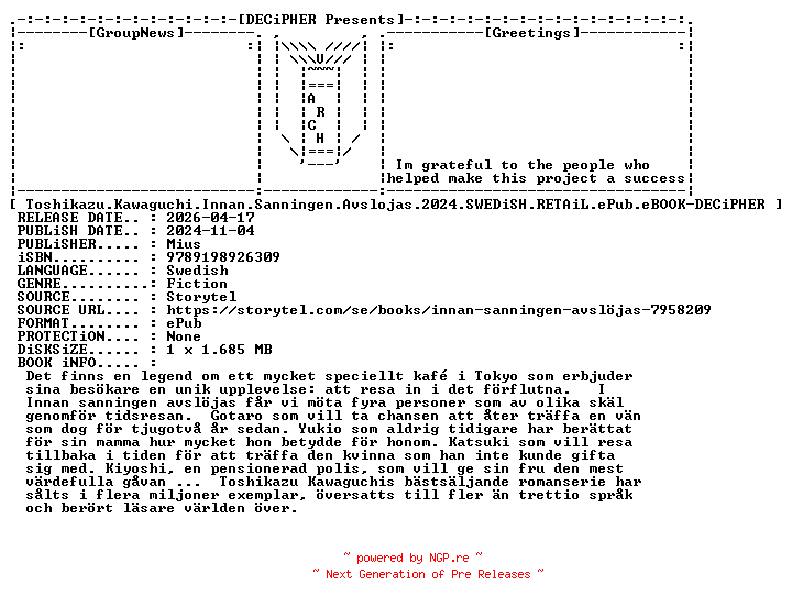 NFO for the release Toshikazu.Kawaguchi.Innan.Sanningen.Avslojas.2024.SWEDiSH.RETAiL.ePub.eBOOK-DECiPHER by DECiPHER