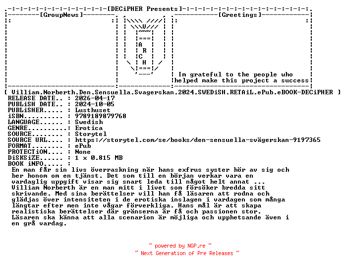 NFO for the release Villiam.Norberth.Den.Sensuella.Svagerskan.2024.SWEDiSH.RETAiL.ePub.eBOOK-DECiPHER by DECiPHER