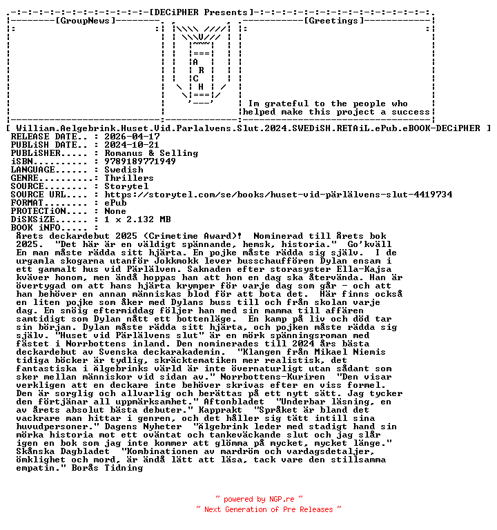 NFO for the release William.Aelgebrink.Huset.Vid.Parlalvens.Slut.2024.SWEDiSH.RETAiL.ePub.eBOOK-DECiPHER by DECiPHER