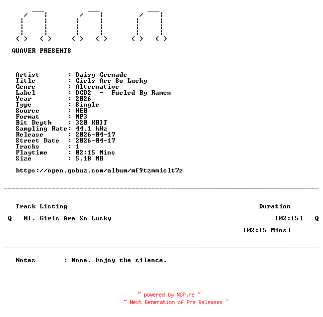NFO for the release Daisy_Grenade-Girls_Are_So_Lucky-SINGLE-WEB-2026-QUAVER by QUAVER