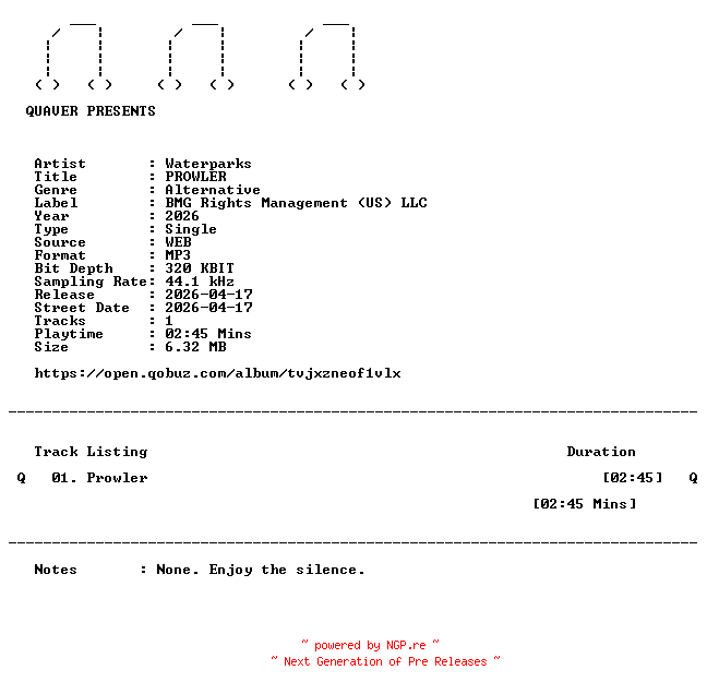 NFO for the release Waterparks-PROWLER-SINGLE-WEB-2026-QUAVER by QUAVER