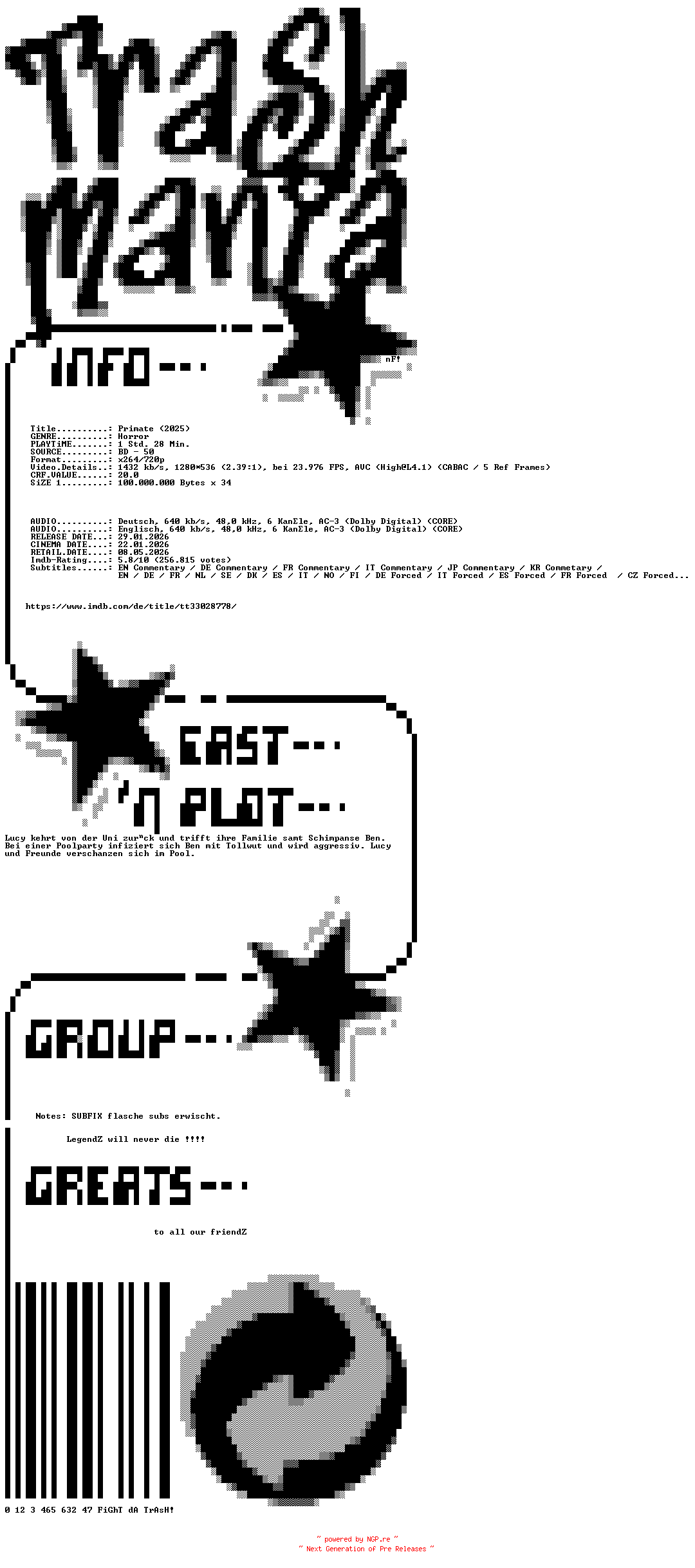 NFO for the release Primate.2025.German.DL.720p.BluRay.x264.SUBFiX-TM by TM