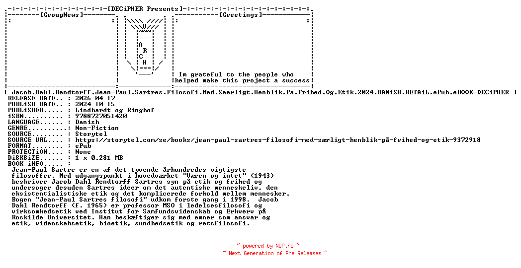 NFO for the release Jacob.Dahl.Rendtorff.Jean.Paul.Sartres.Filosofi.Med.Saerligt.Henblik.Pa.Frihed.Og.Etik.2024.DANiSH.RETAiL.ePub.eBOOK-DECiPHER by DECiPHER