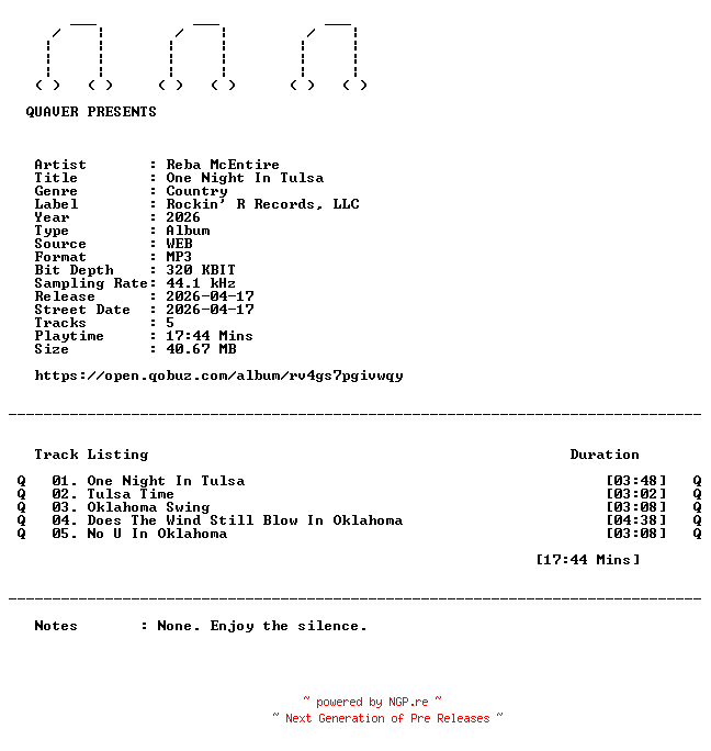 NFO for the release Reba_McEntire-One_Night_In_Tulsa-EP-WEB-2026-QUAVER by QUAVER