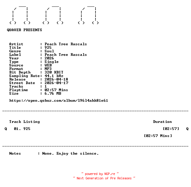 NFO for the release Peach_Tree_Rascals-925-SINGLE-WEB-2026-QUAVER by QUAVER