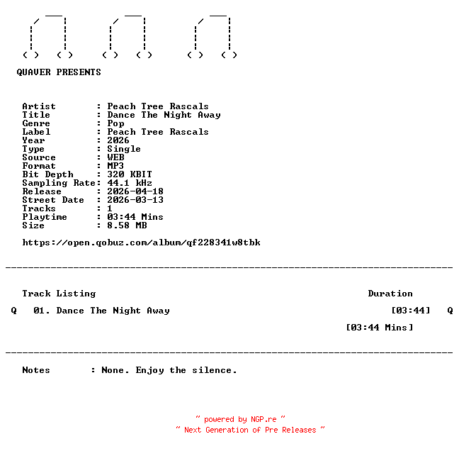 NFO for the release Peach_Tree_Rascals-Dance_The_Night_Away-SINGLE-WEB-2026-QUAVER by QUAVER