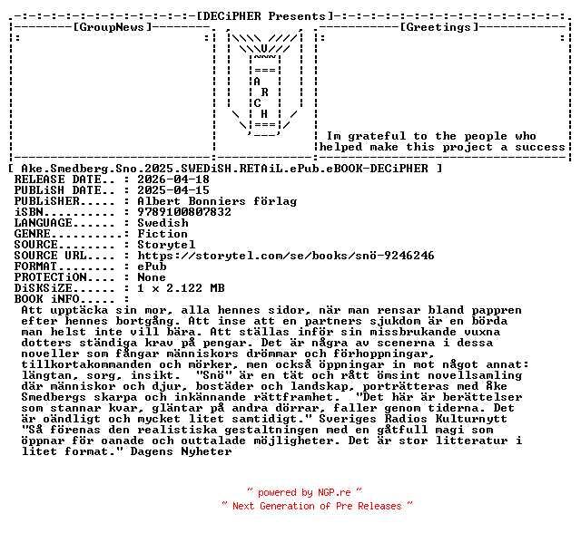 NFO for the release Ake.Smedberg.Sno.2025.SWEDiSH.RETAiL.ePub.eBOOK-DECiPHER by DECiPHER