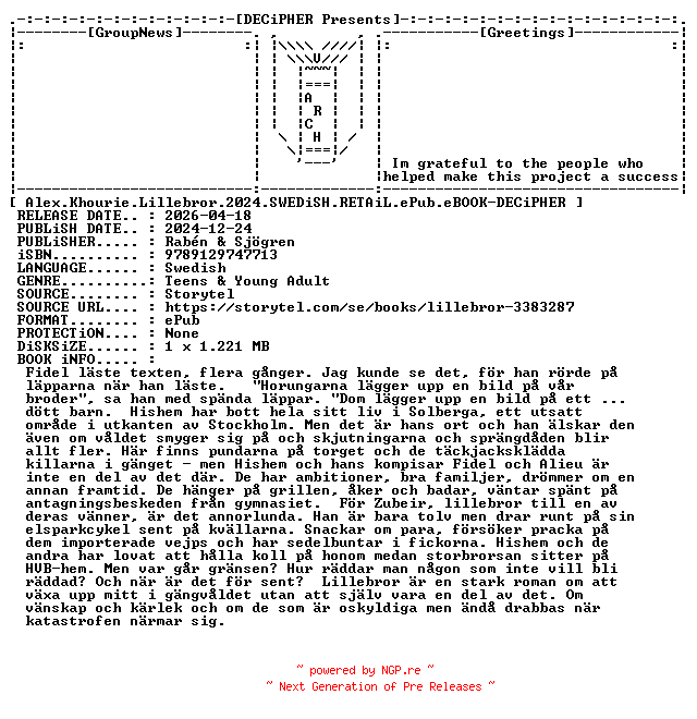NFO for the release Alex.Khourie.Lillebror.2024.SWEDiSH.RETAiL.ePub.eBOOK-DECiPHER by DECiPHER