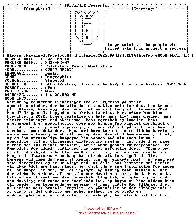 NFO for the release Aleksej.Navalnyj.Patriot.Min.Historie.2025.DANiSH.RETAiL.ePub.eBOOK-DECiPHER by DECiPHER
