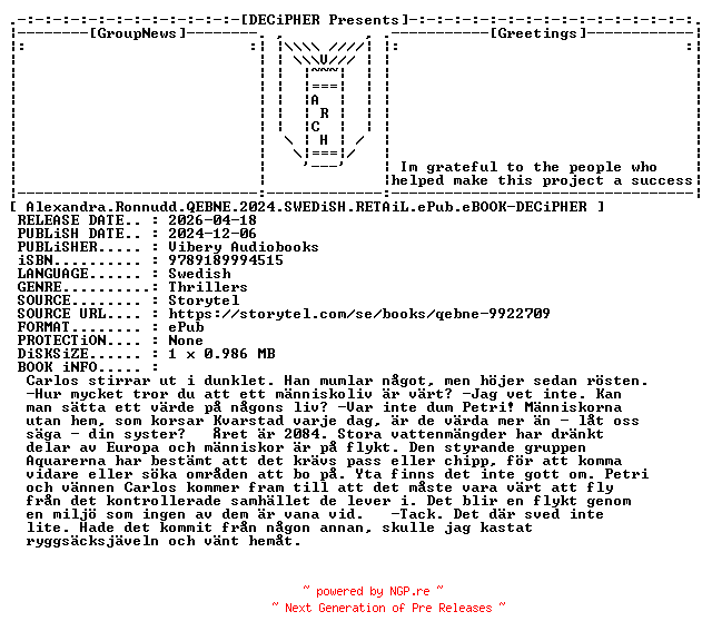 NFO for the release Alexandra.Ronnudd.Qebne.2024.SWEDiSH.RETAiL.ePub.eBOOK-DECiPHER by DECiPHER