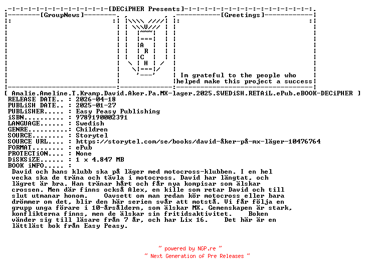 NFO for the release Amalie.Ameline.T.Kramp.David.Aker.Pa.Mx.Lager.2025.SWEDiSH.RETAiL.ePub.eBOOK-DECiPHER by DECiPHER