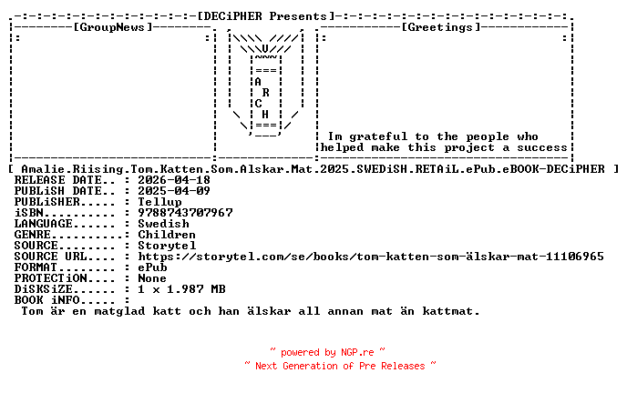 NFO for the release Amalie.Riising.Tom.Katten.Som.Alskar.Mat.2025.SWEDiSH.RETAiL.ePub.eBOOK-DECiPHER by DECiPHER