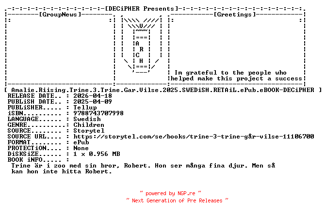 NFO for the release Amalie.Riising.Trine.3.Trine.Gar.Vilse.2025.SWEDiSH.RETAiL.ePub.eBOOK-DECiPHER by DECiPHER