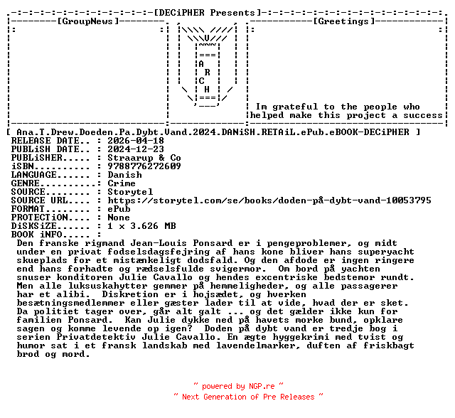 NFO for the release Ana.T.Drew.Doeden.Pa.Dybt.Vand.2024.DANiSH.RETAiL.ePub.eBOOK-DECiPHER by DECiPHER