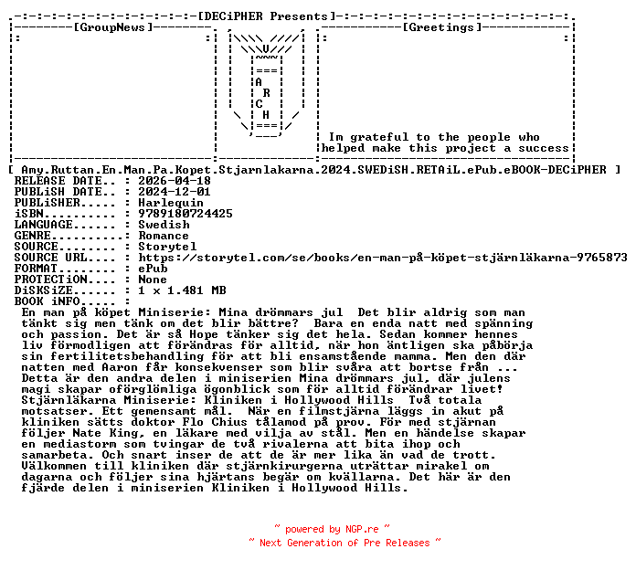 NFO for the release Amy.Ruttan.En.Man.Pa.Kopet.Stjarnlakarna.2024.SWEDiSH.RETAiL.ePub.eBOOK-DECiPHER by DECiPHER