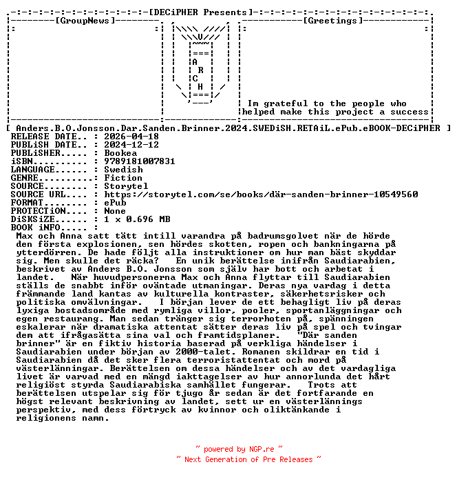NFO for the release Anders.B.O.Jonsson.Dar.Sanden.Brinner.2024.SWEDiSH.RETAiL.ePub.eBOOK-DECiPHER by DECiPHER