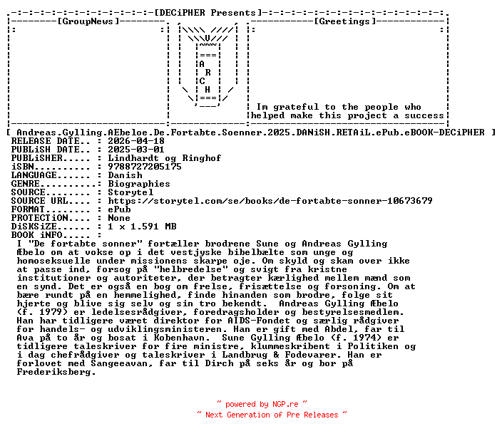 NFO for the release Andreas.Gylling.Aebeloe.De.Fortabte.Soenner.2025.DANiSH.RETAiL.ePub.eBOOK-DECiPHER by DECiPHER