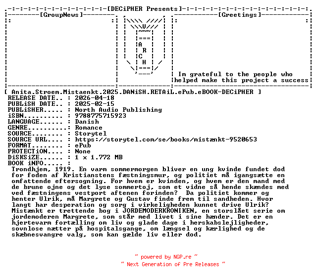 NFO for the release Anita.Stroem.Mistaenkt.2025.DANiSH.RETAiL.ePub.eBOOK-DECiPHER by DECiPHER