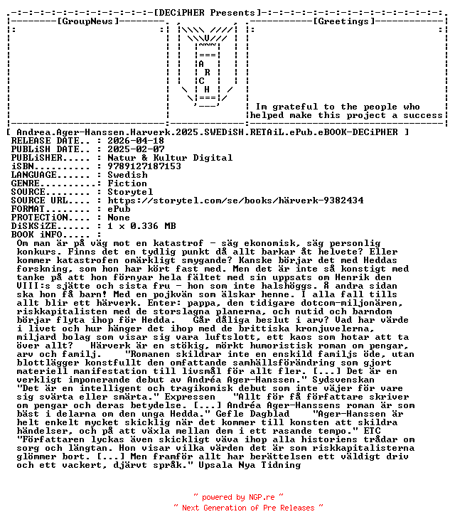 NFO for the release Andrea.Ager-Hanssen.Harverk.2025.SWEDiSH.RETAiL.ePub.eBOOK-DECiPHER by DECiPHER
