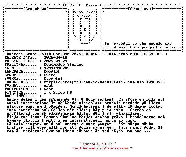 NFO for the release Andreas.Grube.Falsk.Som.Vin.2025.SWEDiSH.RETAiL.ePub.eBOOK-DECiPHER by DECiPHER