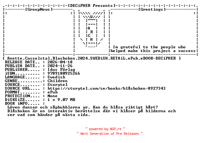 NFO for the release Anette.Casselstal.Blasboken.2024.SWEDiSH.RETAiL.ePub.eBOOK-DECiPHER by DECiPHER