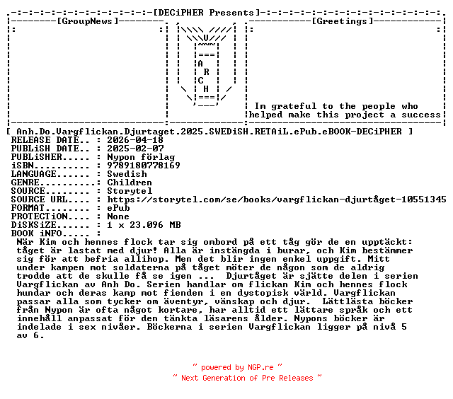 NFO for the release Anh.Do.Vargflickan.Djurtaget.2025.SWEDiSH.RETAiL.ePub.eBOOK-DECiPHER by DECiPHER