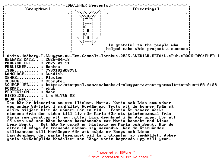 NFO for the release Anita.Hedberg.I.Skuggan.Av.Ett.Gammalt.Tornhus.2025.SWEDiSH.RETAiL.ePub.eBOOK-DECiPHER by DECiPHER