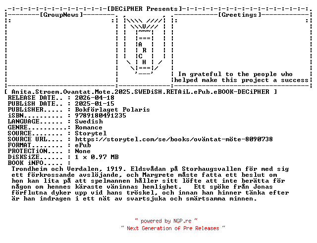 NFO for the release Anita.Stroem.Ovantat.Mote.2025.SWEDiSH.RETAiL.ePub.eBOOK-DECiPHER by DECiPHER