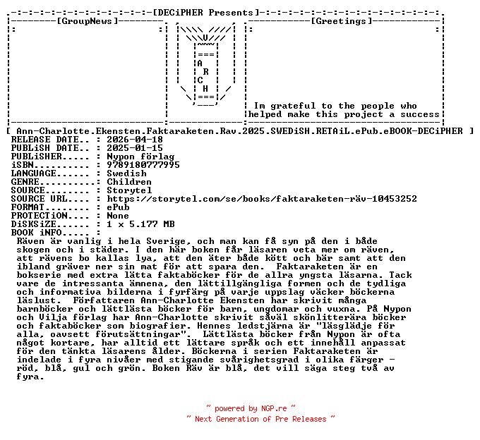 NFO for the release Ann.Charlotte.Ekensten.Faktaraketen.Rav.2025.SWEDiSH.RETAiL.ePub.eBOOK-DECiPHER by DECiPHER
