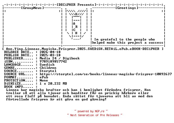 NFO for the release Ann.Ying.Linneas.Magiska.Frisyrer.2025.SWEDiSH.RETAiL.ePub.eBOOK-DECiPHER by DECiPHER