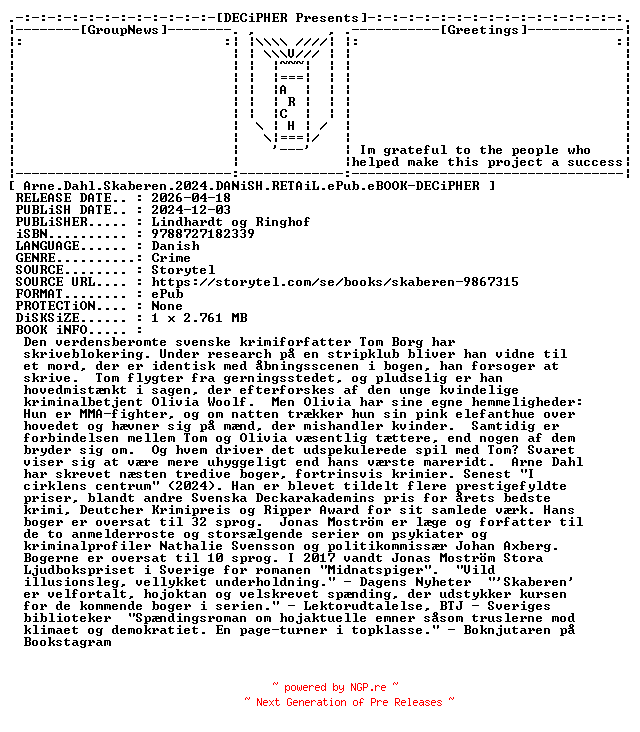 NFO for the release Arne.Dahl.Skaberen.2024.DANiSH.RETAiL.ePub.eBOOK-DECiPHER by DECiPHER