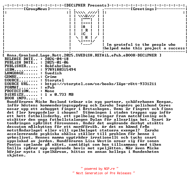 NFO for the release Anna.Granlund.Lage.Rott.2025.SWEDiSH.RETAiL.ePub.eBOOK-DECiPHER by DECiPHER