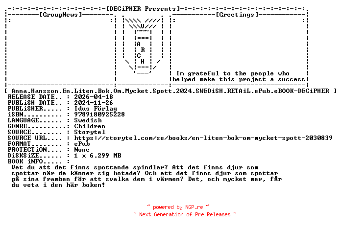 NFO for the release Anna.Hansson.En.Liten.Bok.Om.Mycket.Spott.2024.SWEDiSH.RETAiL.ePub.eBOOK-DECiPHER by DECiPHER