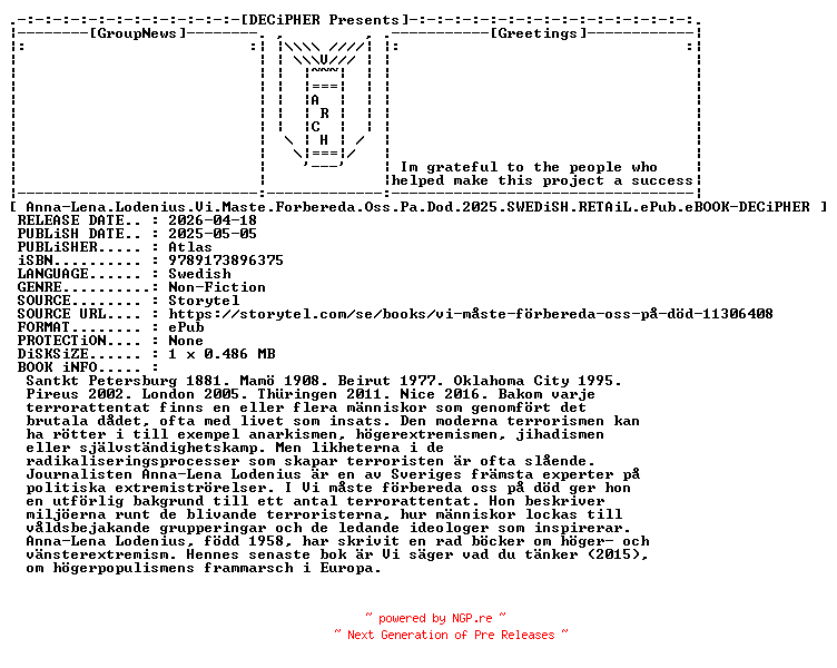 NFO for the release Anna.Lena.Lodenius.Vi.Maste.Forbereda.Oss.Pa.Dod.2025.SWEDiSH.RETAiL.ePub.eBOOK-DECiPHER by DECiPHER
