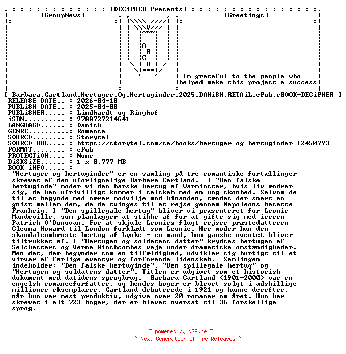 NFO for the release Barbara.Cartland.Hertuger.Og.Hertuginder.2025.DANiSH.RETAiL.ePub.eBOOK-DECiPHER by DECiPHER